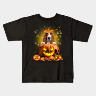 Basset Hound Spooky Halloween Pumpkin Dog Head Kids T-Shirt